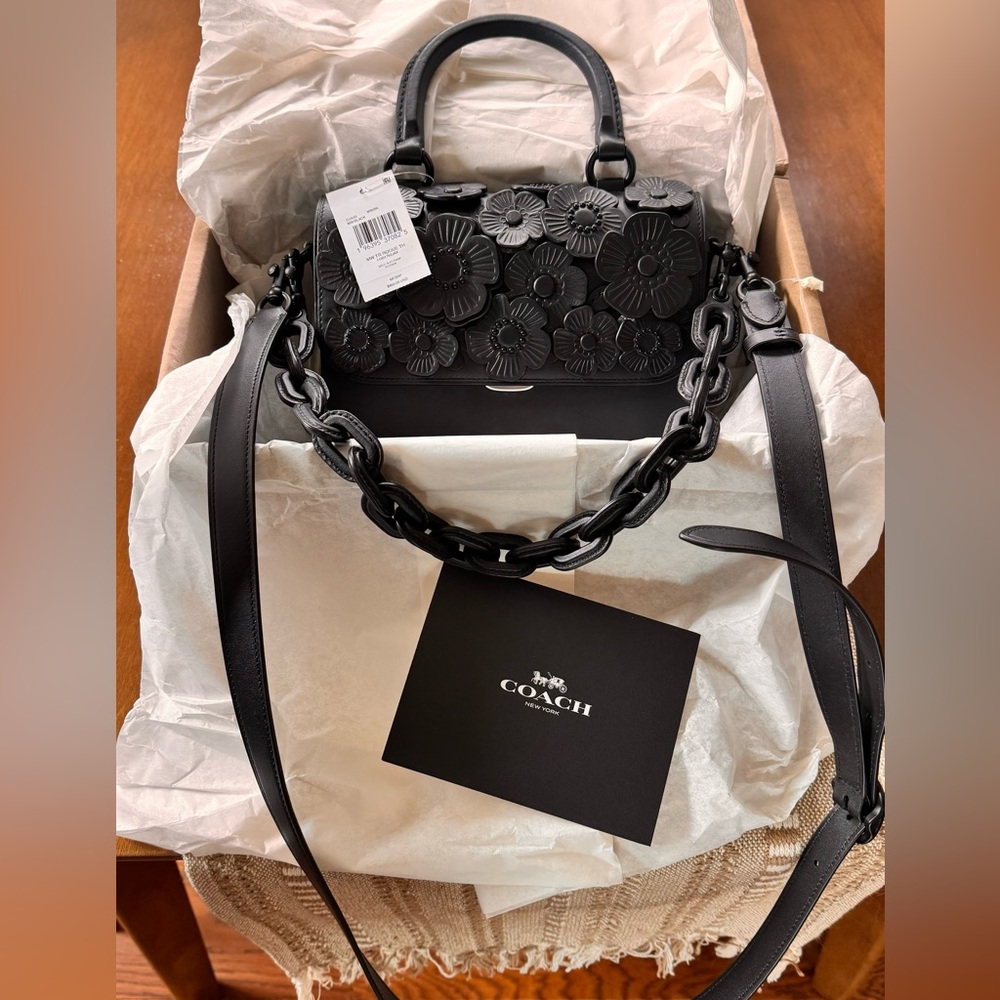 Coach Rogue Top Handle Matte Black with Tea Roses